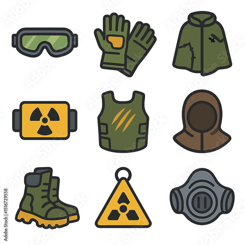 Mutant Zone Gear Icons. Flat icon set of mutant zone gear: reinforced goggles, mutation-proof gloves, patched