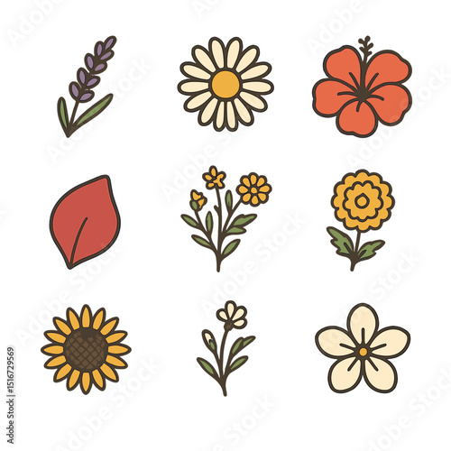 Nature Icon Collection. Flat icon set of nature vibe package design with flowers: lavender sprig, chamomile