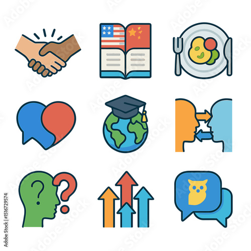 Mutual Learning Icons. Flat icon set of mutual learning in relationships: learning handshake, dual culture