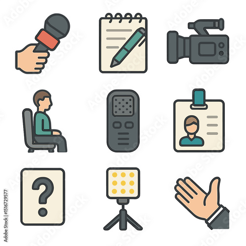 Journalist Tools Icons. Flat icon set of journalists interviewing subjects: handheld microphone, notepad with