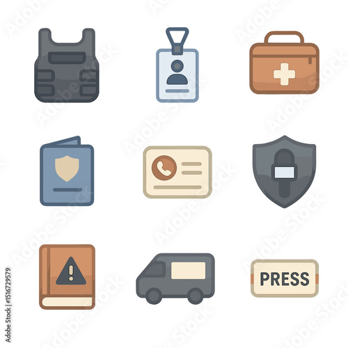 Journalist Safety Icons. Flat icon set of journalist safety and credentials: bulletproof vest, press pass ID,