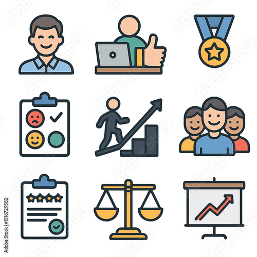 Job Satisfaction Icons. Flat icon set of job satisfaction: happy employee, thumbs up at desk, workplace reward