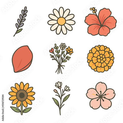 Nature Icon Collection. Flat icon set of nature vibe package design with flowers: lavender sprig, chamomile