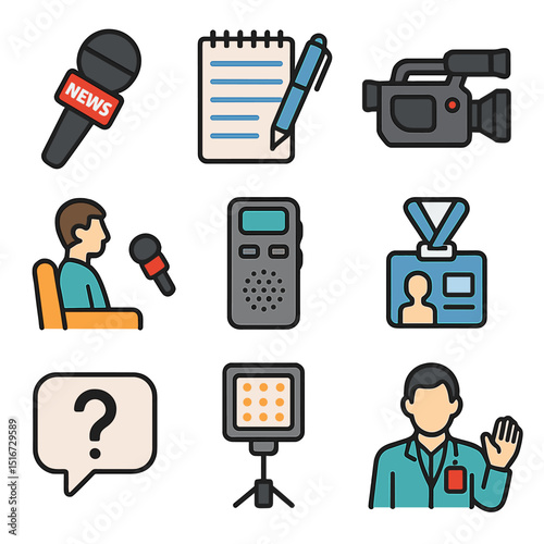 Journalist Tools Icons. Flat icon set of journalists interviewing subjects: handheld microphone, notepad with