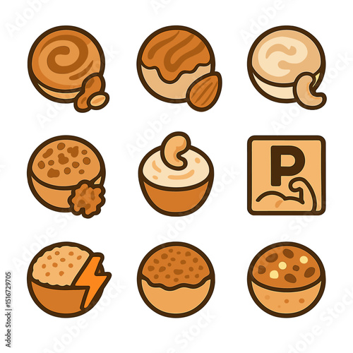 Nut Butter Smoothie Icons. Flat icon set of nut butter smoothie bowls: peanut butter swirl, almond butter