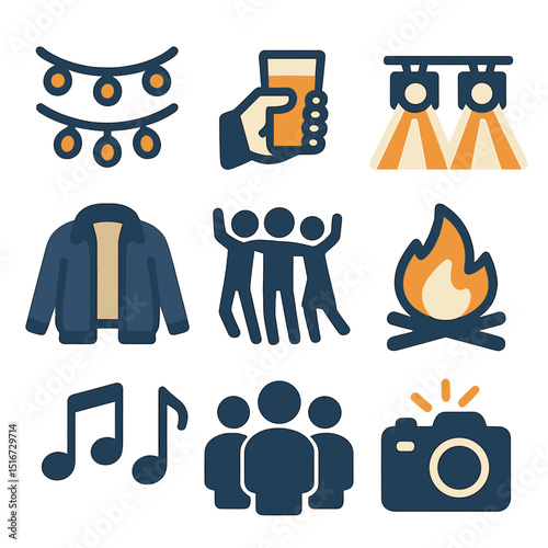 Night Event Icons. Flat icon set of night outdoor events with friends: fairy lights, handheld drink, stage