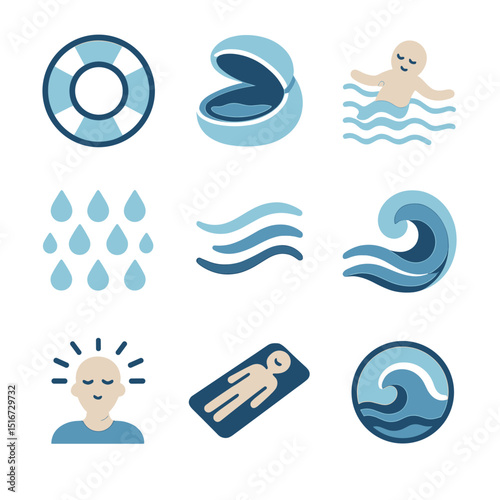 Ocean Float Therapy Icons. Flat icon set of ocean float therapy: buoy icon, floating pod, relaxed figure,
