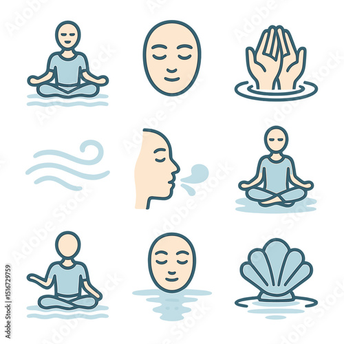 Ocean Mindfulness Icons. Flat icon set of ocean mindfulness moments: meditation in water, closed eyes face,