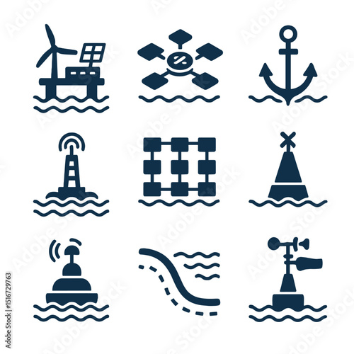 Ocean Renewable Icon Set. Flat icon set of ocean-based renewable sites: offshore platform, floating hub,