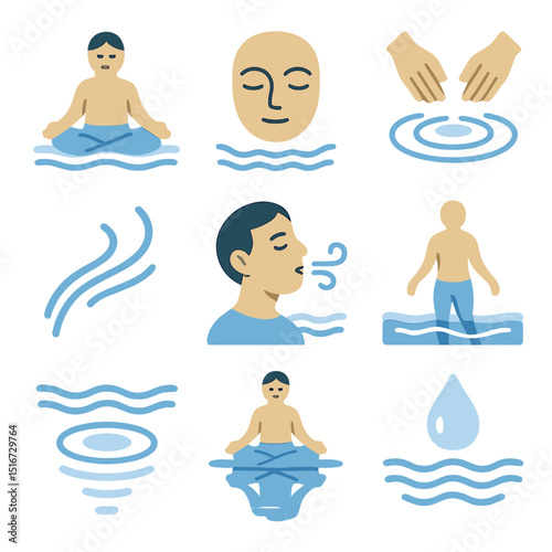 Ocean Mindfulness Icons. Flat icon set of ocean mindfulness moments: meditation in water, closed eyes face,
