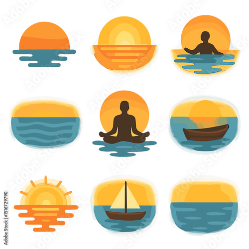 Ocean Sunset Icons. Flat icon set of sunset ocean relaxation: setting sun, glowing horizon, floating