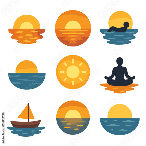 Ocean Sunset Icons. Flat icon set of sunset ocean relaxation: setting sun, glowing horizon, floating