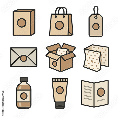 Packaging Icon Set. Flat icon set of packaging and branding samples: product box mockup, logo on bag, label