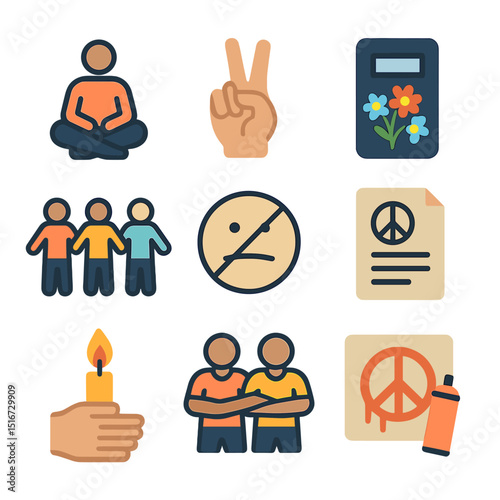 Peaceful Protest Icons. Flat icon set of civil disobedience and peaceful resistance: sit-in icon, peace hand