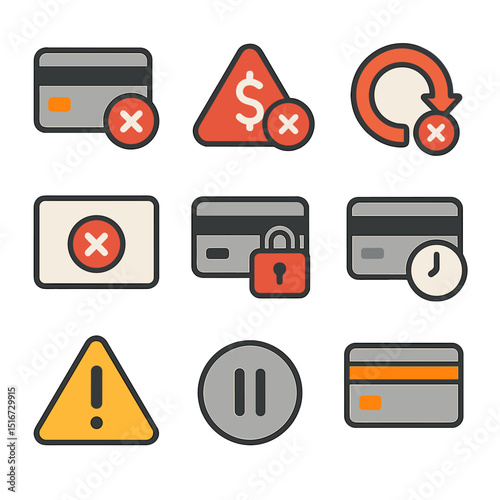 Payment Status Icons. Flat icon set of failed and pending payments: declined card, insufficient funds alert,