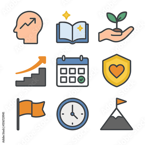 Personal Growth Icons. Flat icon set of personal growth mindset: growth arrow in brain, open book with sparkle