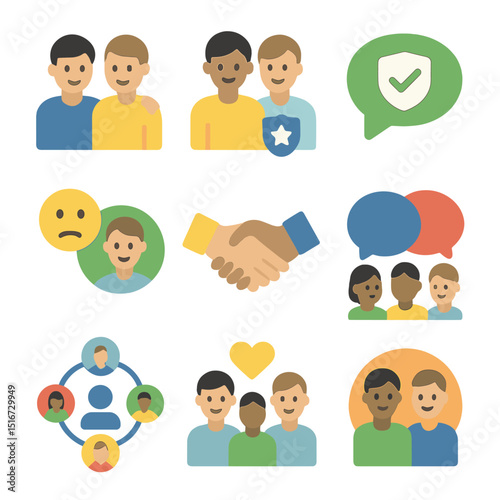 Peer Support Icons. Flat icon set of peer support systems: coworker support icon, peer mentor, safe talk