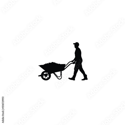 Silhouette of a worker pushing a loaded wheelbarrow, side view on white background