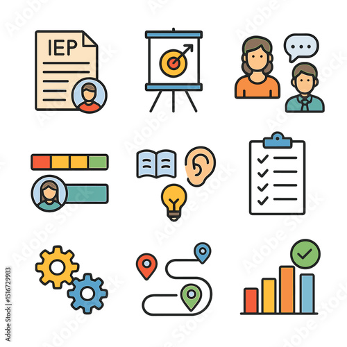 Personalized Education Icons. Flat icon set of personalized education plans: IEP document, goal setting chart,