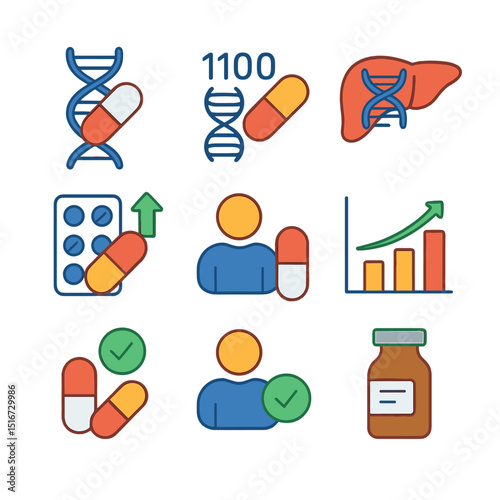 Pharmacogenomics Icon Grid. Flat icon set of pharmacogenomics in treatment: DNA with pill, gene-drug