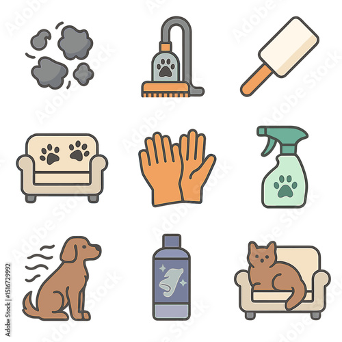 Pet Hair Removal Icons. Flat icon set of pet hair removal from furniture: pet hair clumps, vacuum with pet