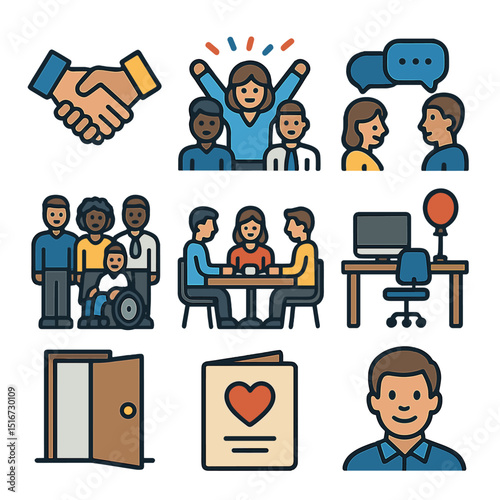 Positive Workplace Icons. Flat icon set of positive workplace culture: friendly handshake, team celebration,