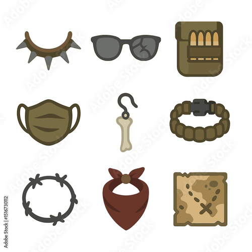 Post-Apocalyptic Icon Set. Flat icon set of post-apocalyptic accessories: spike necklace, cracked lens shades,