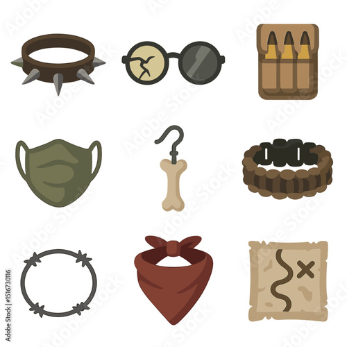 Post-Apocalyptic Icon Set. Flat icon set of post-apocalyptic accessories: spike necklace, cracked lens shades,