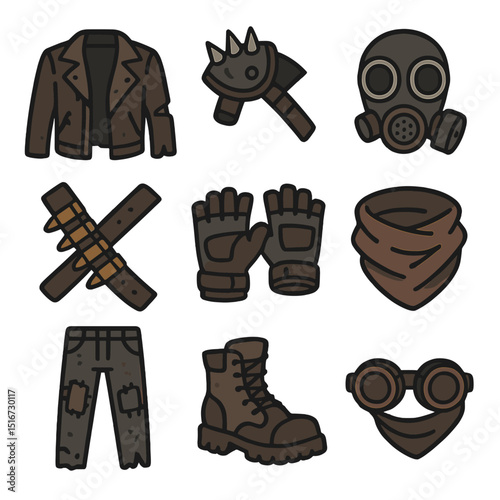 Post-Apocalyptic Fashion Icons. Flat icon set of post-apocalyptic fashion: torn leather jacket, spiked