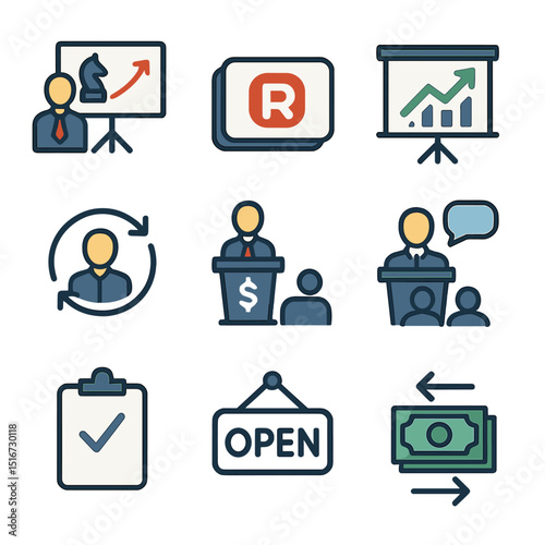 Post-Bankruptcy Recovery Icons. Flat icon set of post-bankruptcy recovery: new corporate strategy, rebranded