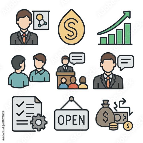 Post-Bankruptcy Recovery Icons. Flat icon set of post-bankruptcy recovery: new corporate strategy, rebranded