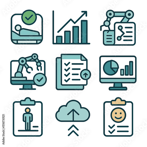 Post-Surgery Icon Set. Flat icon set of post-surgery robotic analysis: recovery icon, patient progress graph,
