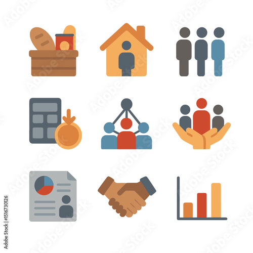 Poverty Support Icons. Flat icon set of poverty and social support: food bank icon, housing shelter,
