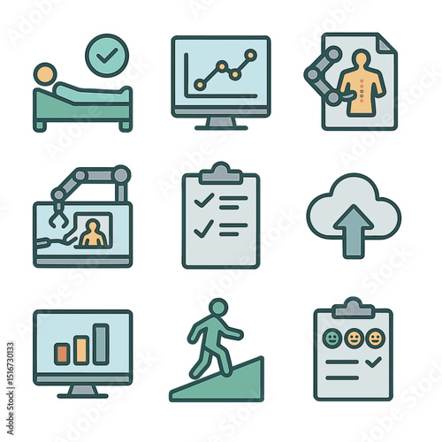 Post-Surgery Icon Set. Flat icon set of post-surgery robotic analysis: recovery icon, patient progress graph,