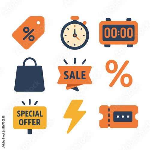Promotional Icon Set. Flat icon set of promotions and flash sales to drive consumer interest: discount tag,