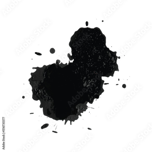 Detailed black ink blot splash with organic irregular shapes, ideal for abstract artwork, digital textures, branding, grunge poster designs, marketing materials, product packaging, web banners