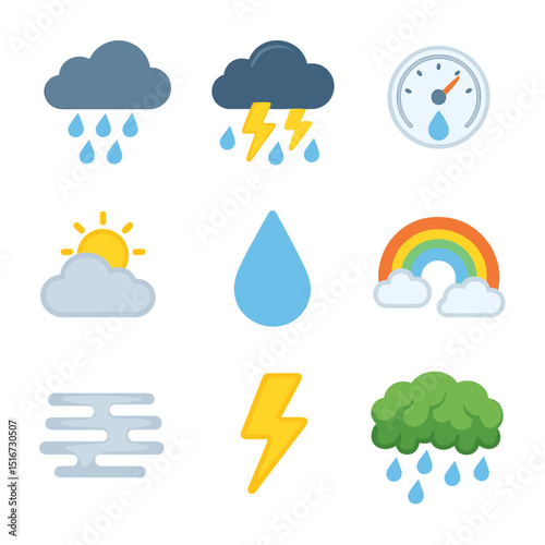 Rainforest Weather Icons. Flat icon set of rainforest weather: tropical rain, storm cloud, humidity meter, sun