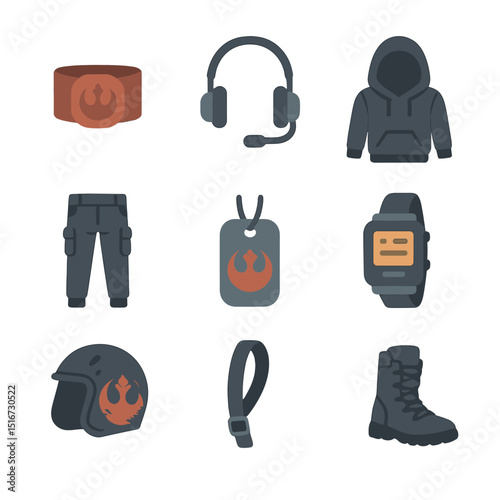 Rebel Gear Icons. Flat icon set of rebel resistance fashion: emblem armband, communication headset, dark