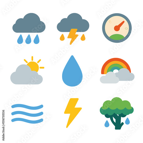 Rainforest Weather Icons. Flat icon set of rainforest weather: tropical rain, storm cloud, humidity meter, sun