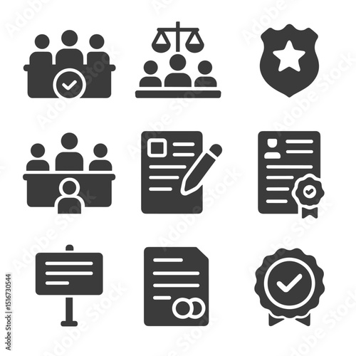 Regulatory Board Icons. Flat icon set of regulatory boards and commissions: licensing board, ethics committee,