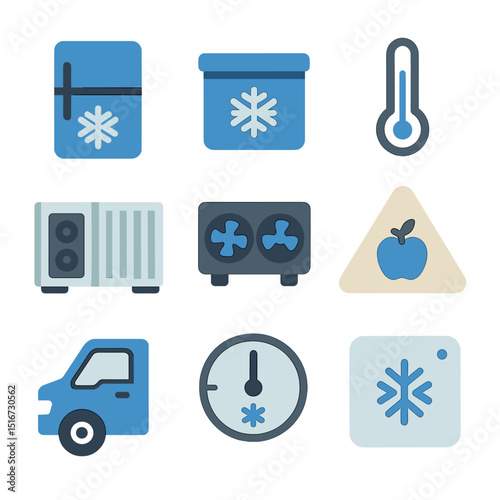 Refrigerated Logistics Icons. Flat icon set of refrigerated truck logistics: fridge icon, cold storage box,