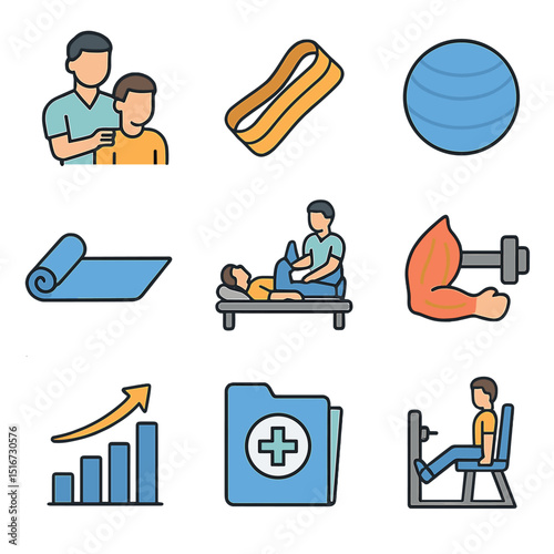 Rehab Icon Set. Flat icon set of physical rehabilitation: physical therapist, resistance band, balance ball,
