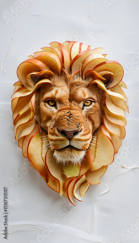 dolce a forma di testa di leone con fette di mela come criniera, cake in the shape of a lion's head with apple slices as a mane