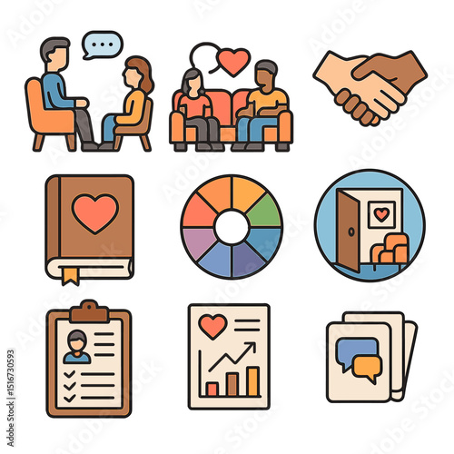 Relationship Therapy Icons. Flat icon set of relationship therapy tools: therapy session, couples counseling,