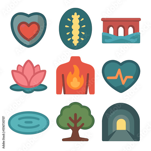 Resilience Icon Set. Flat icon set of inner strength and resilience: armor heart, glowing spine, sturdy bridge