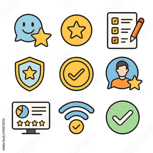 Reputation Management Icons. Flat icon set of reputation management: positive review icon, star rating badge,