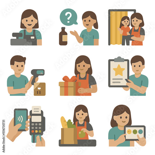 Retail Assistance Icons. Flat icon set of retail customer assistance: smiling cashier, product inquiry,