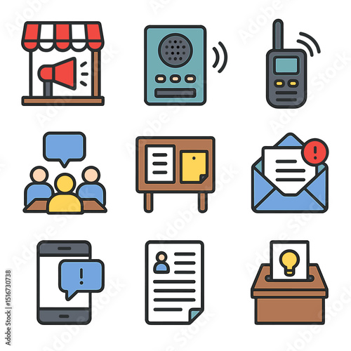 Retail Communication Icons. Flat icon set of retail communication methods: in-store announcement, intercom