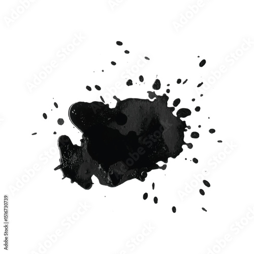 Messy ink blob explosion with scattered splatter drops and irregular grunge shapes for posters, t-shirts, product branding, digital textures, marketing, packaging graphics, advertisements