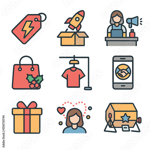 Retail Promotion Icons. Flat icon set of retail promotions and events: flash sale, product launch, in-store